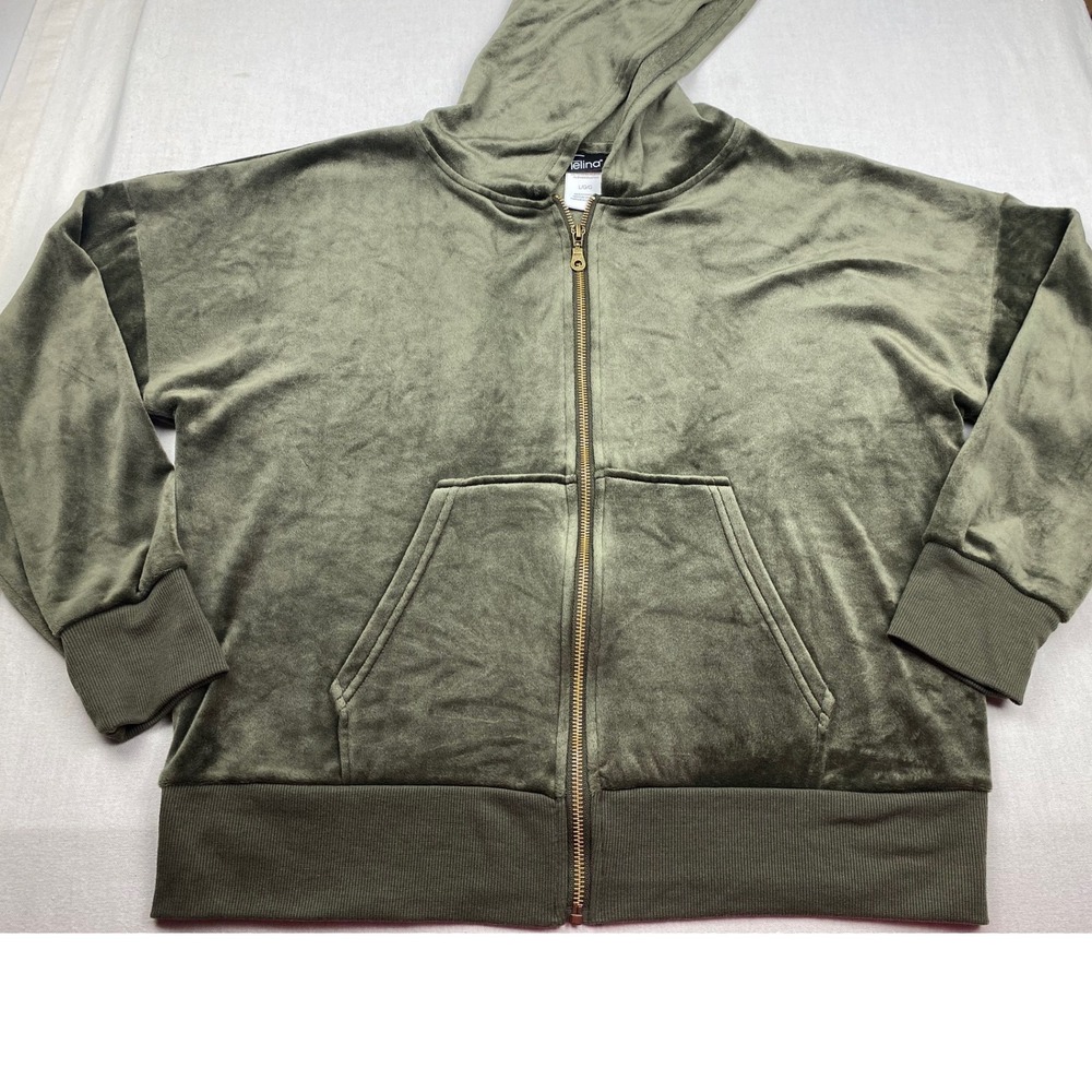 Felina Women Olive Green Velour Zip Up Hoodie Sweatshirt Large Soft Stretch L